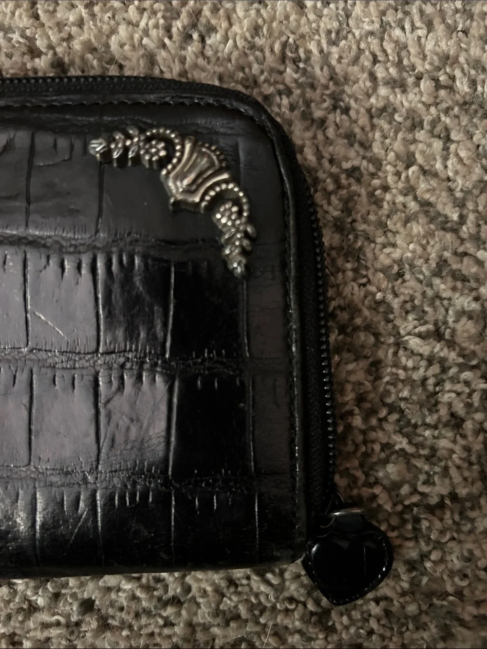 Brighton Black Croc-Embossed Zip Wallet with Silver Corner Accents